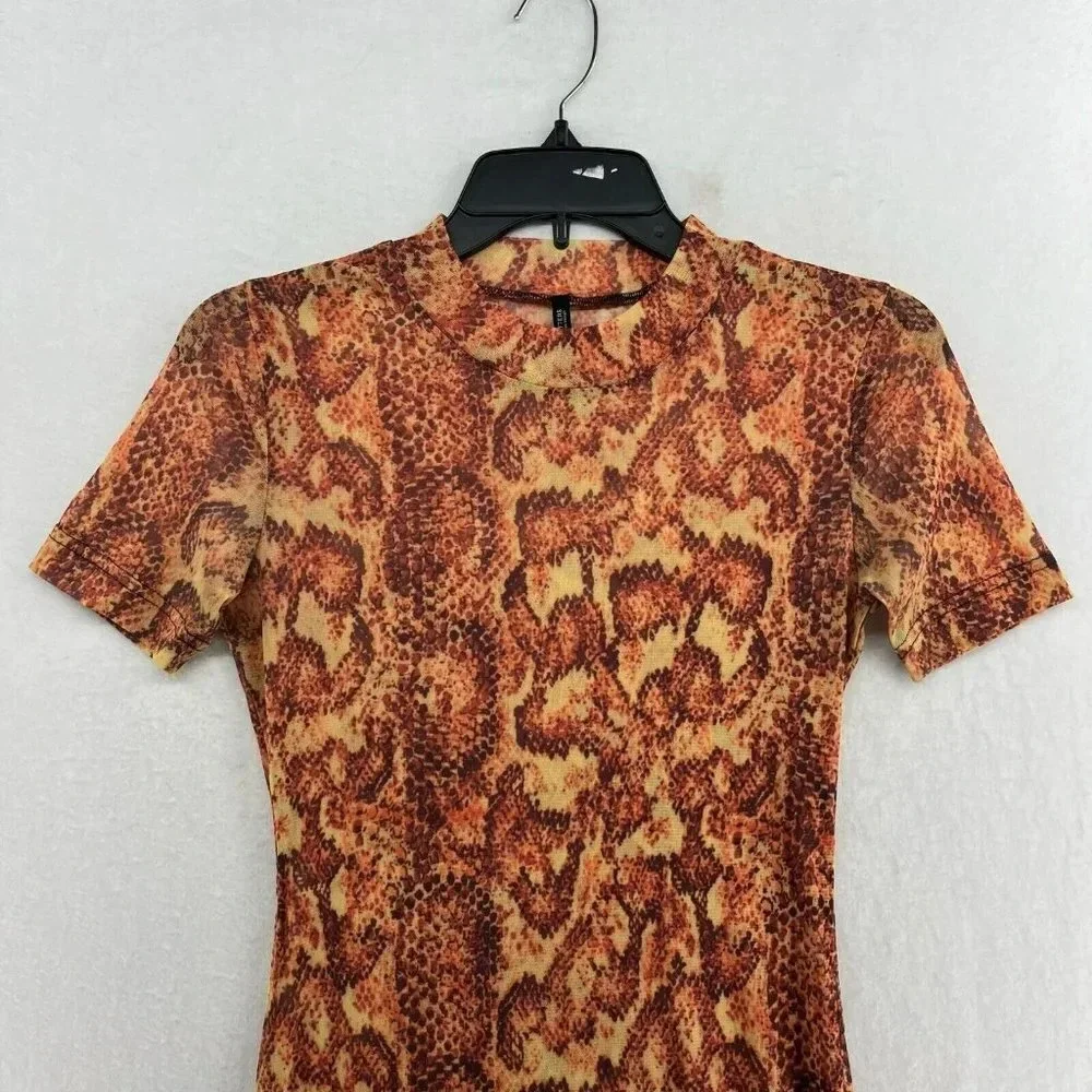 Urban Outfitters Dress Women's Sz Small Orange Mesh Snakeskin Mock Neck Bodycon - Picture 7 of 13